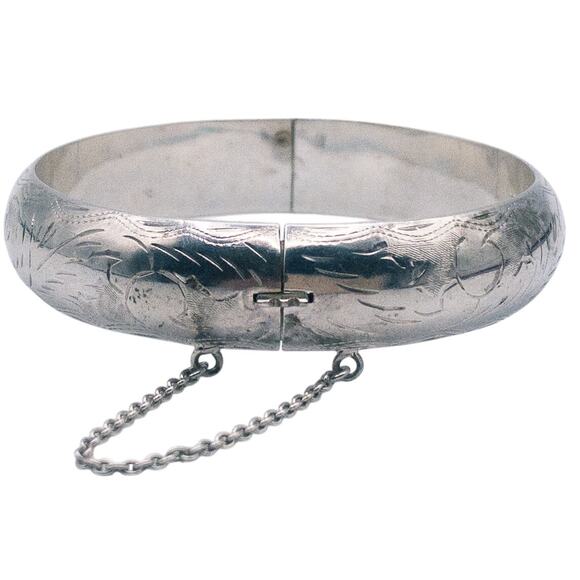 Vintage 925 Sterling Silver Etched Hinged Round Bangle Bracelet Thai 21g - Picture 3 of 10